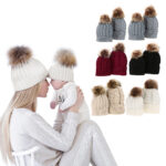 Warm Raccoon Fur Matching Mom And Baby Cotton Knitted Hat 2 pcs Set